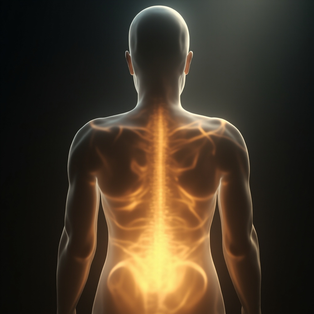 A serene, abstract representation of an glowing, warm golden light located in the lower back area, radiating energy through the body, professional and calming medical aesthetic.