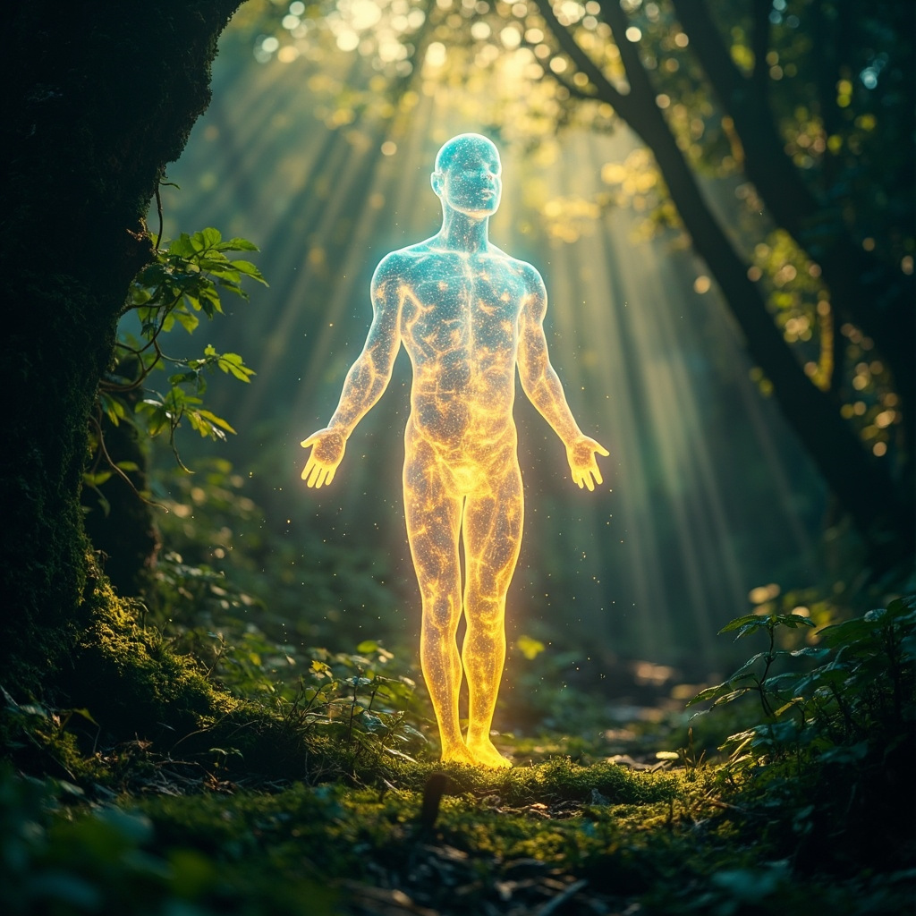 A high-quality, professional image showing a glowing, energetic representation of a human silhouette in harmony with nature, representing cellular balance and vitality.