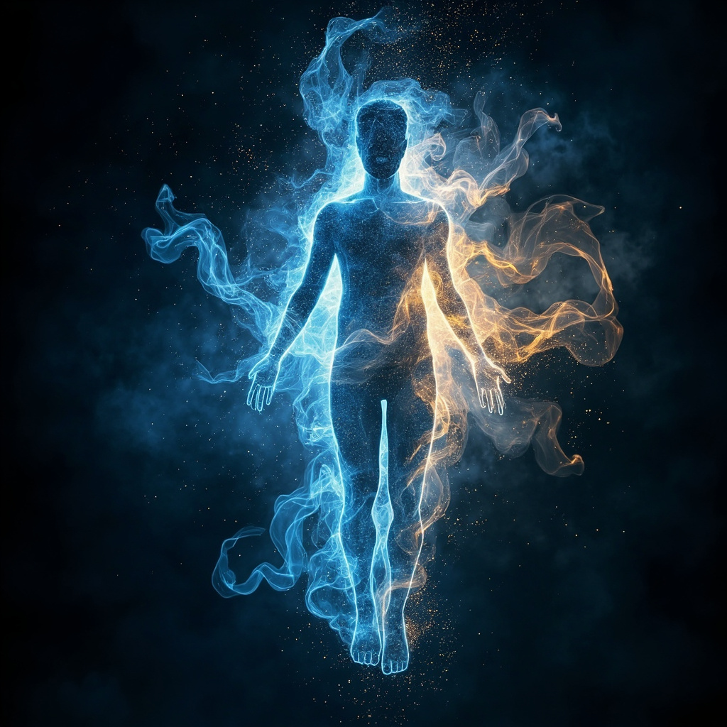 A high-quality, professional image showing a calm, abstract representation of human energy fields in soft blue and gold tones, symbolizing balance and vitality.