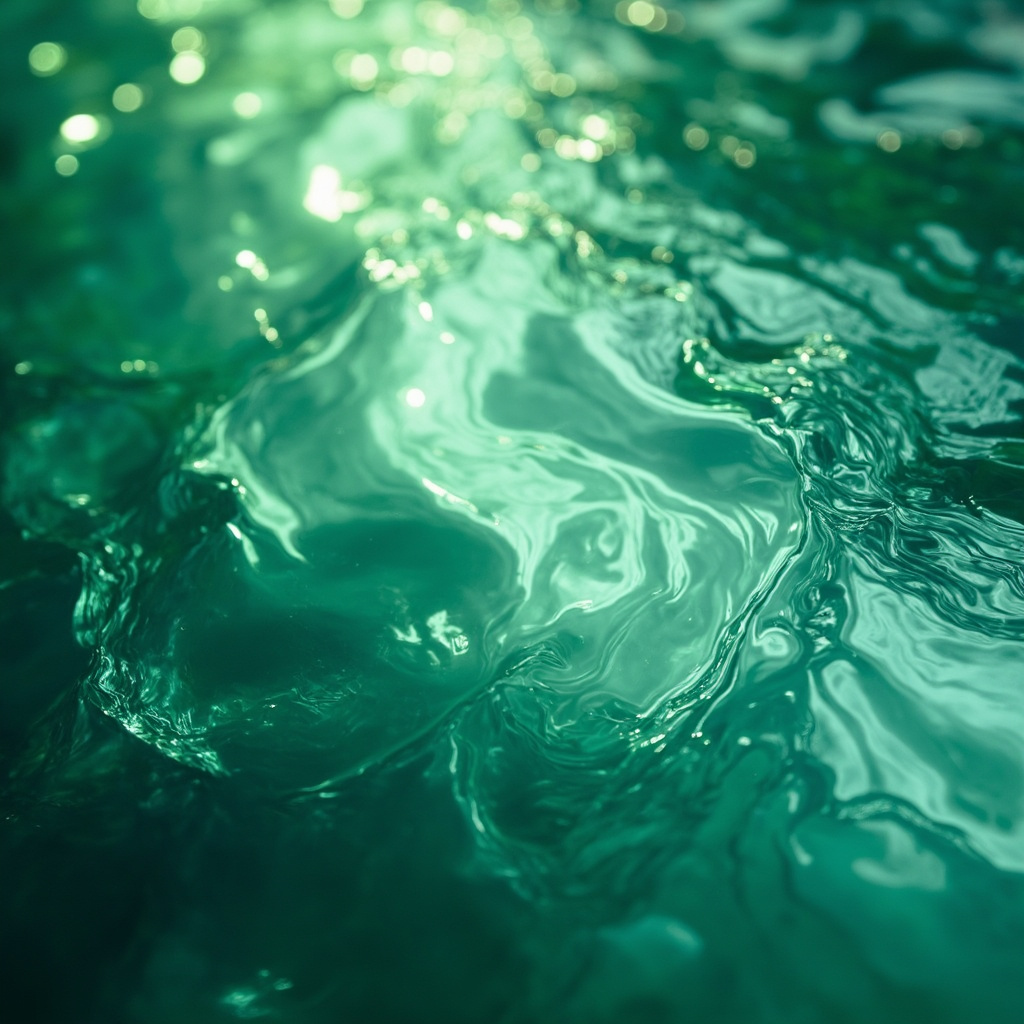 A serene, abstract representation of flowing water with soft green light patterns reflecting the natural balance of an aquatic ecosystem.
