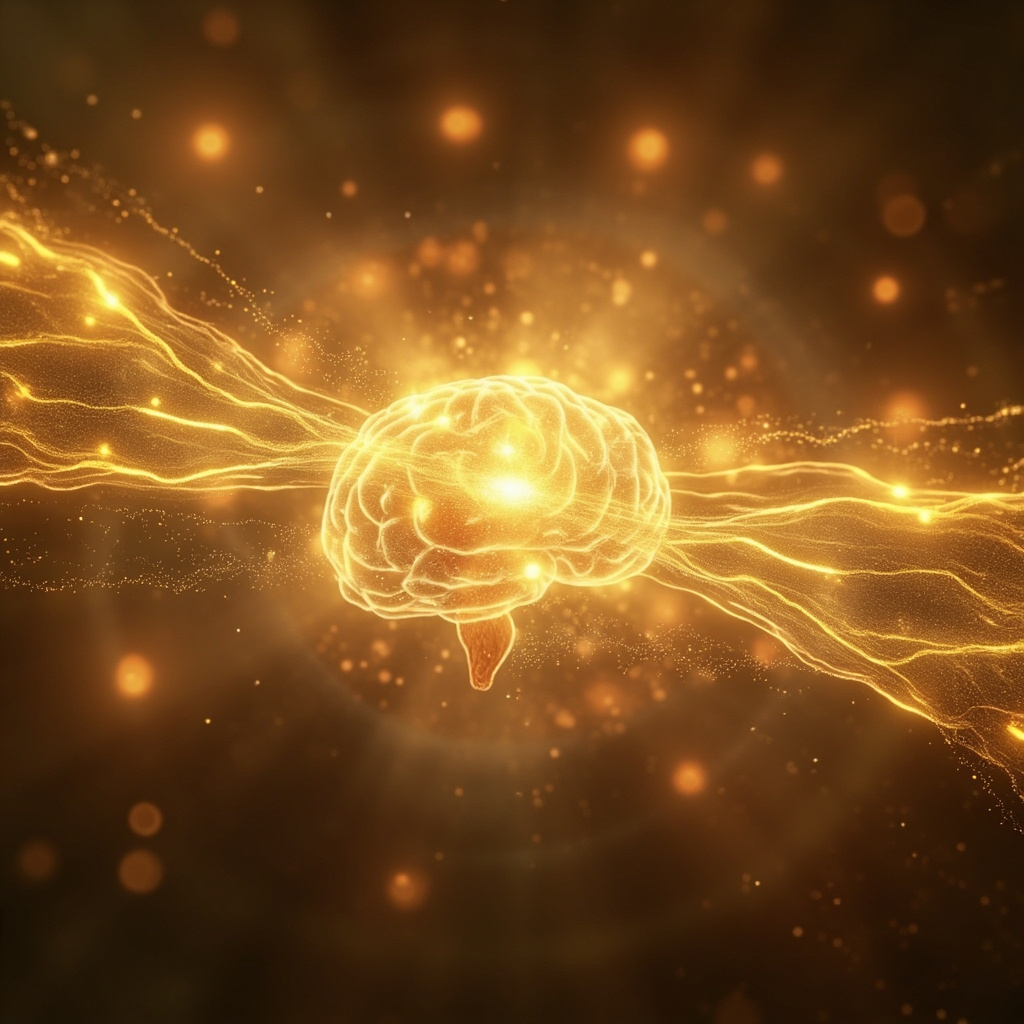 A serene, abstract representation of a glowing, golden signaling pathway connecting the brain to the adrenal area, surrounded by soft, calming light and geometric patterns representing natural harmony.