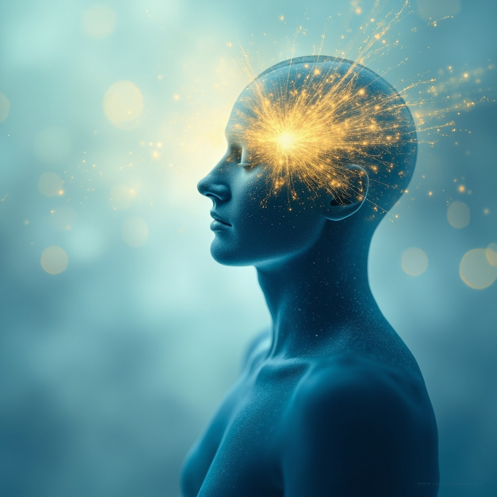 A serene, abstract artistic representation of a human silhouette with glowing light centered around the head and brain area, representing mental clarity and sensory balance, soft blue and gold tones.