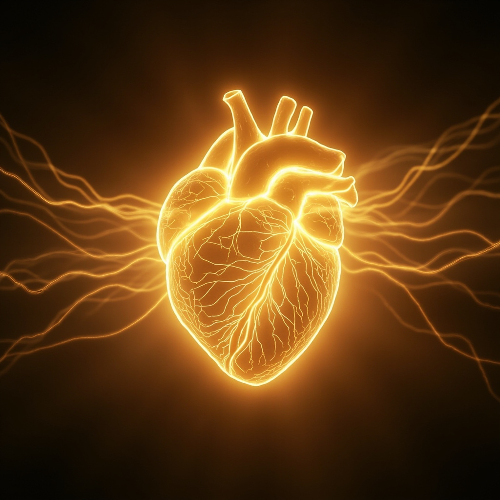 A serene, artistic representation of the human heart glowing with soft, golden light, surrounded by gentle, rhythmic wave patterns representing energy flow and harmony.