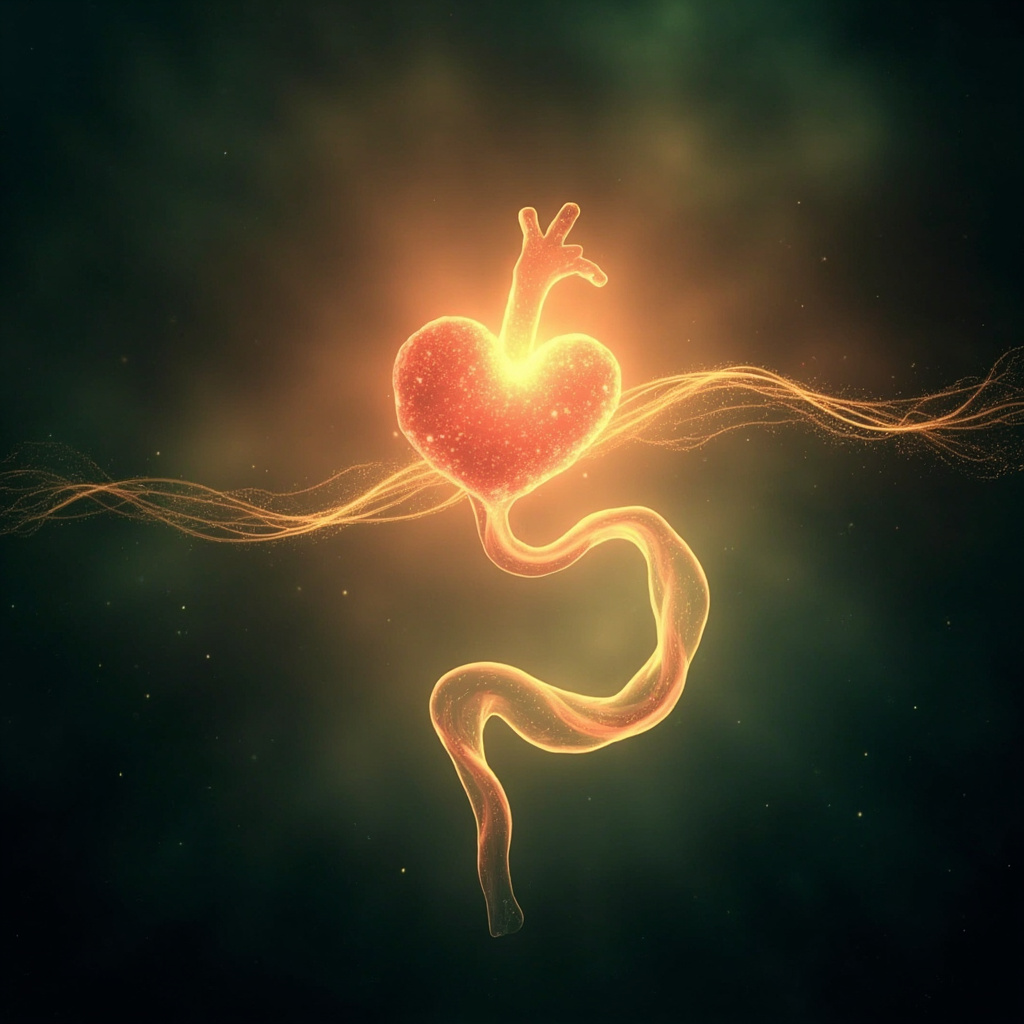 A serene, abstract representation of flowing light and soft, organic shapes representing the connection between the digestive system and the heart, symbolizing inner harmony and balance.