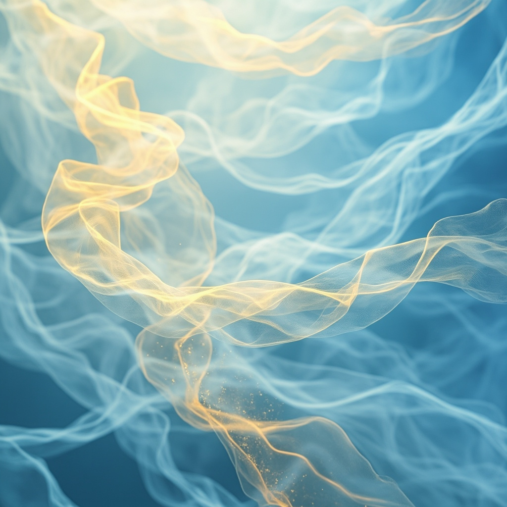 A serene, abstract representation of flowing energy currents in soft blue and gold tones, resembling a calm, balanced internal landscape.