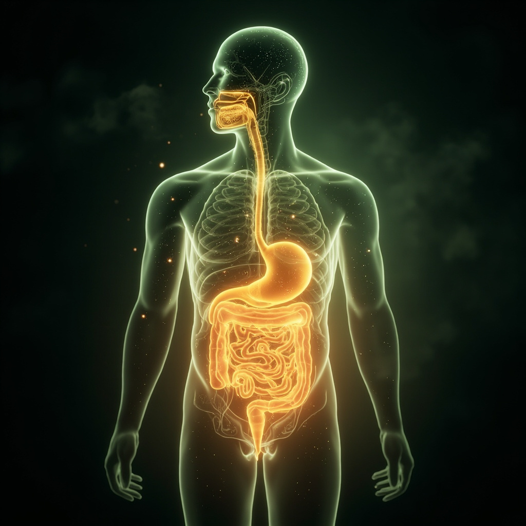 A calm, abstract representation of the human digestive and hepatic systems glowing with soft, harmonious light, suggesting internal balance and restoration.