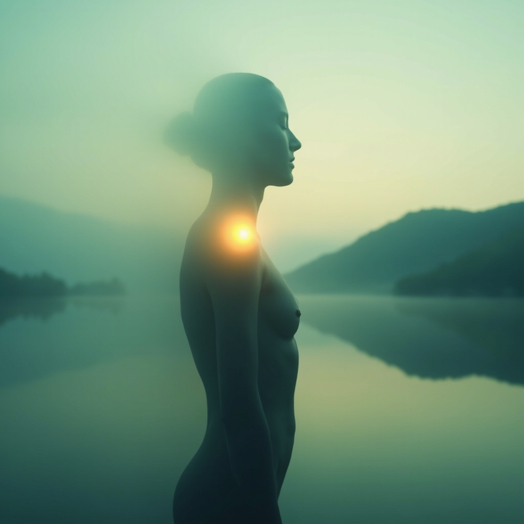 A serene, abstract representation of a human silhouette with a glowing, balanced light focused on the right side of the torso, set against a calm, natural background.