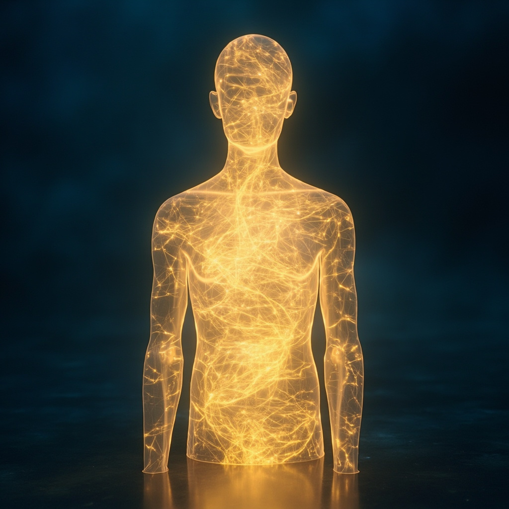 A serene, abstract representation of a human silhouette filled with glowing, harmonious light waves and soft golden geometric patterns against a deep blue background.