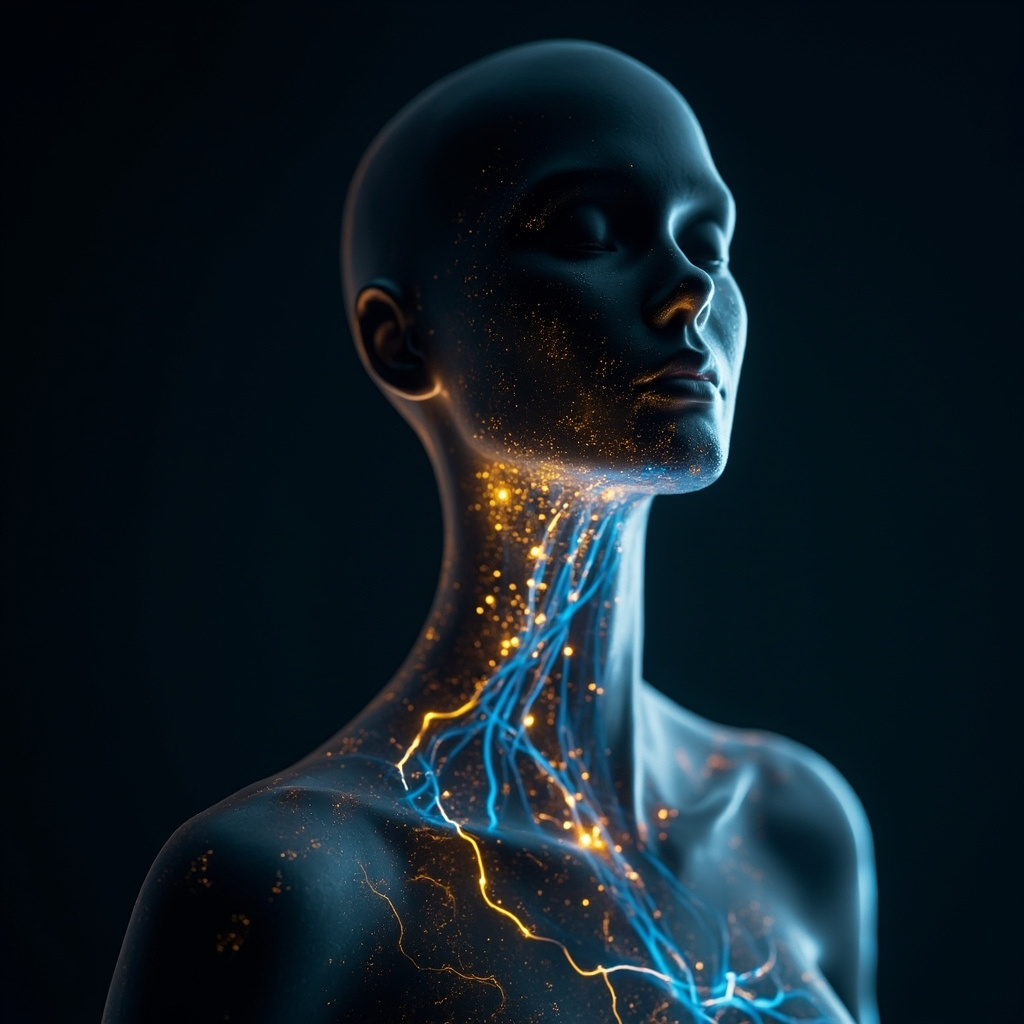 A serene, artistic representation of internal body hydration, showing glowing, flowing light pathways moving through a calm human silhouette, soft blue and gold tones, high quality, meditative atmosphere.