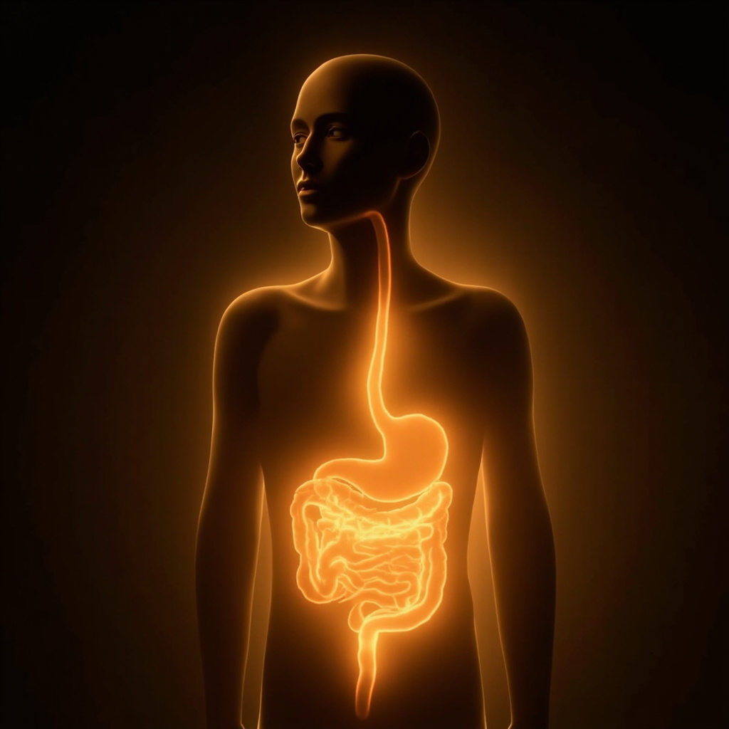 A serene, abstract representation of a glowing, golden digestive rhythm flowing through a human silhouette, soft lighting, minimalist style, high resolution.