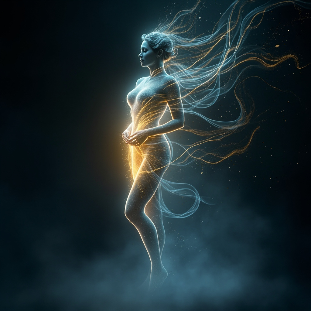 A serene, abstract representation of flowing light and energy moving through a human silhouette, soft blues and golds, high resolution, peaceful atmosphere.