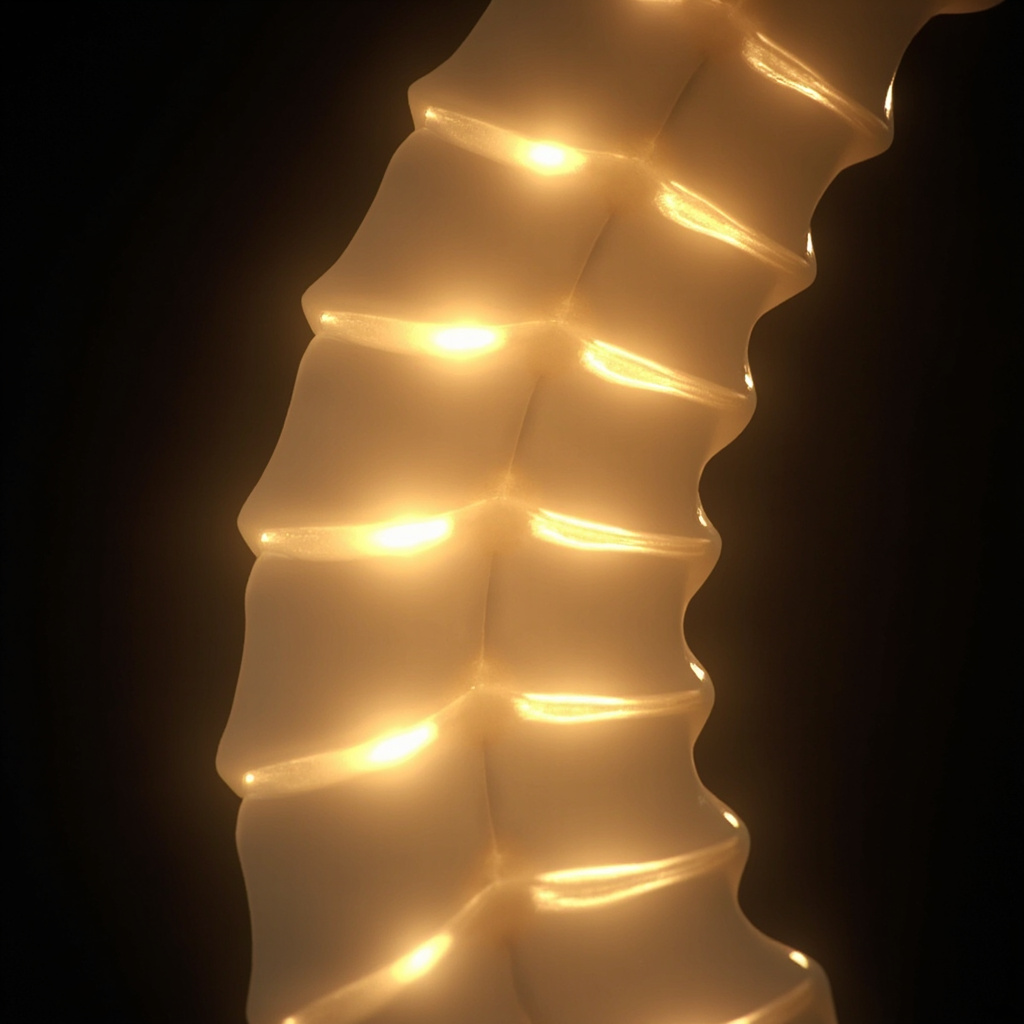 A calming, artistic representation of the human spine glowing with soft, golden light, focusing on the upper-mid back area (T4) to symbolize structural stability and emotional release.