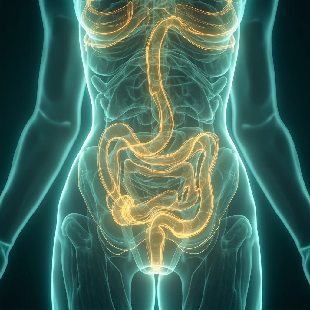 A serene, abstract representation of flowing energy pathways within the human body, featuring soft, calming colors like teal and gold, suggesting balance and digestive harmony.