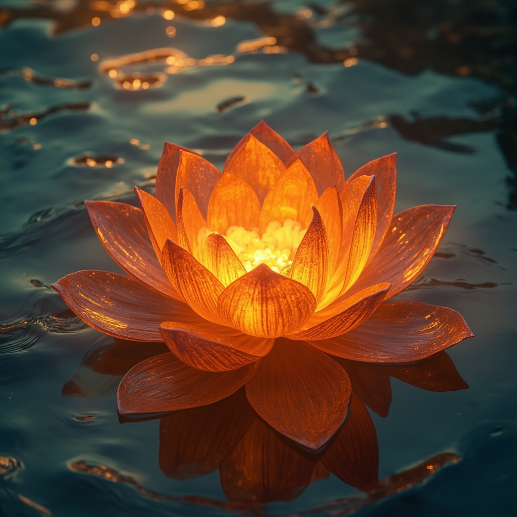 A serene, artistic representation of the Sacral Chakra (Svadhisthana) as a glowing, vibrant orange lotus flower, integrated with soft, ethereal flowing water patterns, high quality, professional, soothing colors.