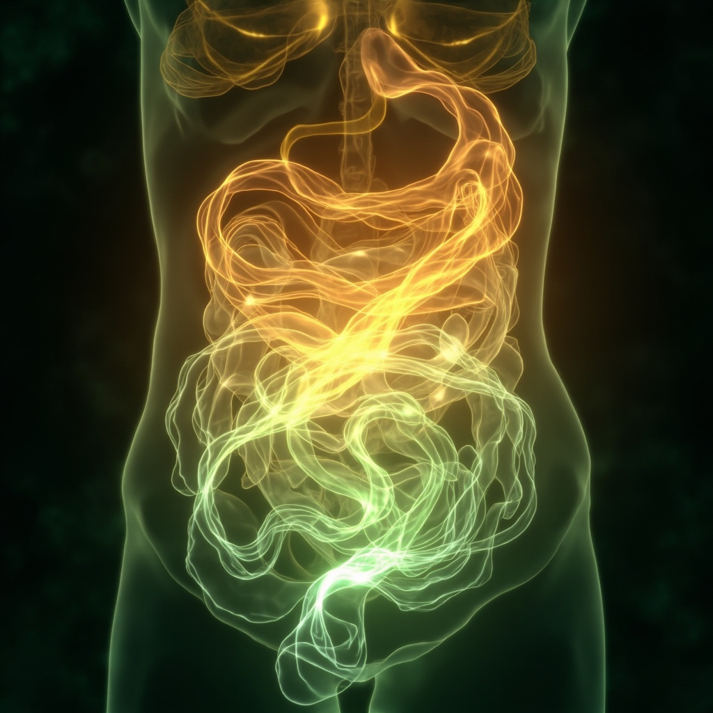 A serene, abstract representation of flowing light and energy moving through the abdominal region, symbolizing internal harmony and digestive balance.