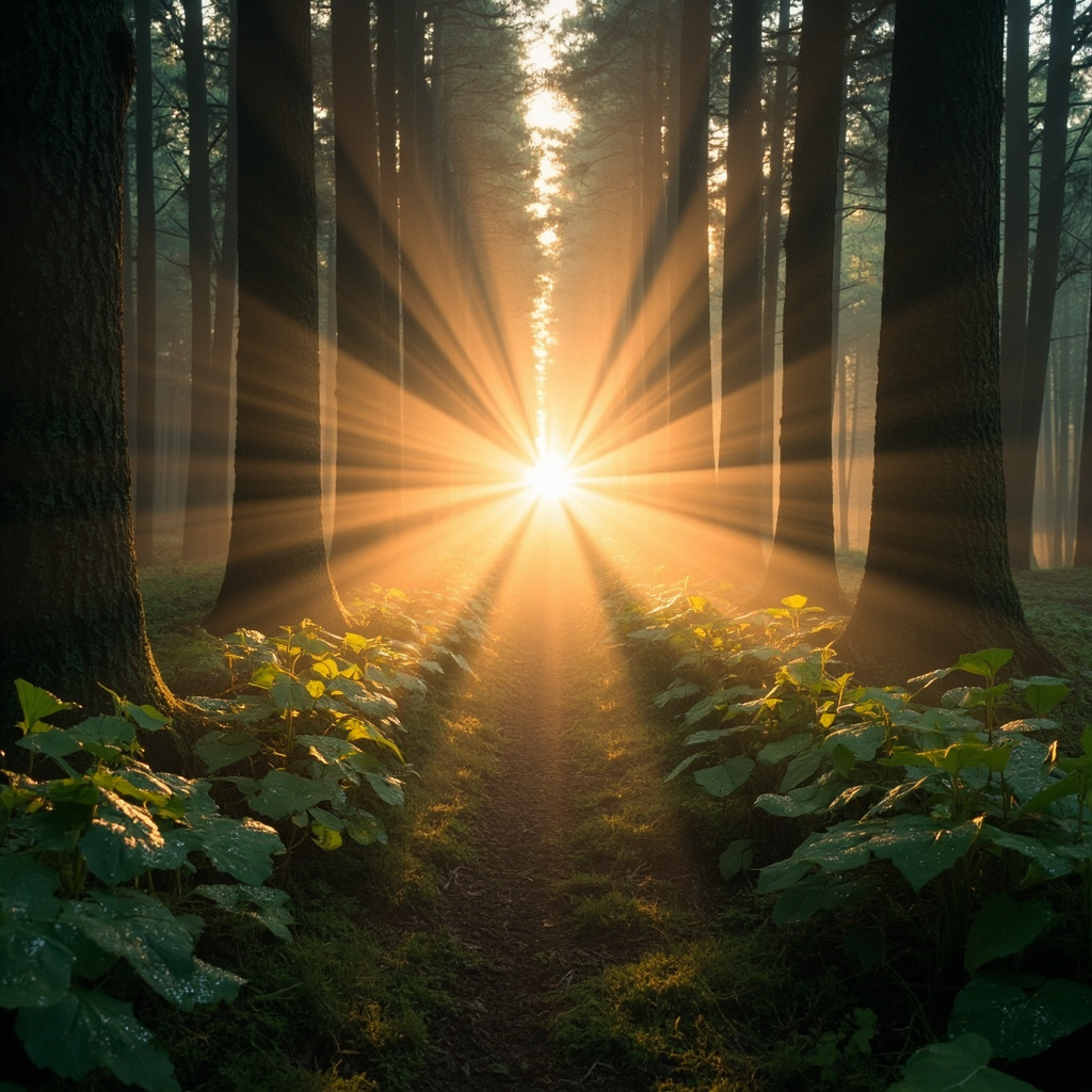 A serene, artistic representation of a sunrise over a calm forest, symbolizing the natural, rhythmic balance of the adrenal system and hormonal harmony.
