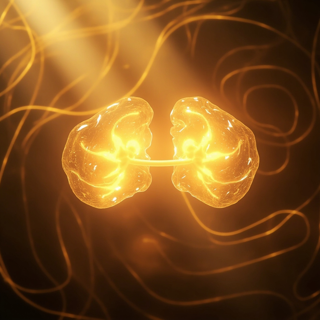 A serene, artistic representation of the adrenal glands glowing with soft, balanced golden light, symbolizing energy and calm, set against a background of gentle, flowing geometric patterns.