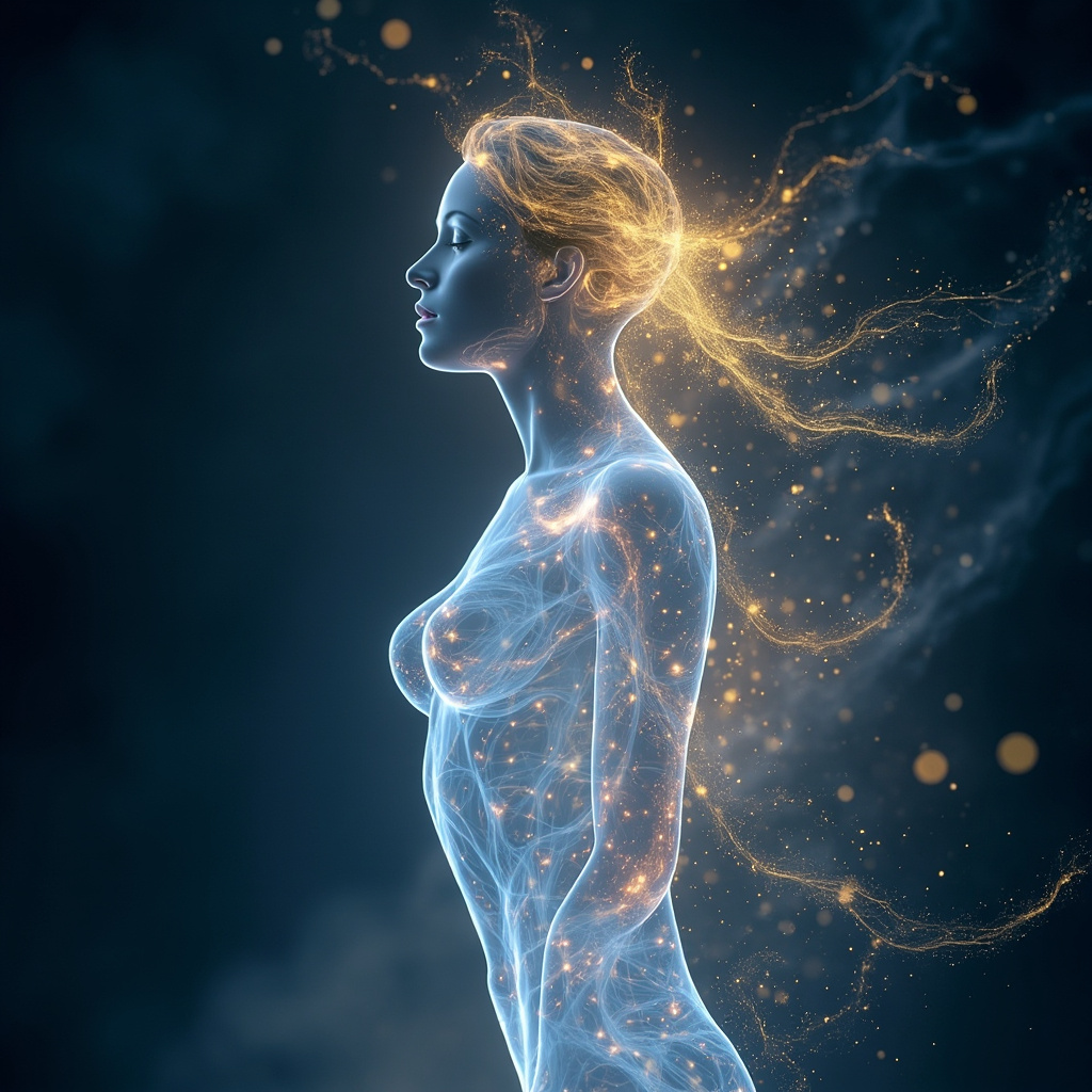 A serene, abstract digital representation of human energy fields glowing in soft hues of blue and gold, symbolizing internal harmony and biological balance.