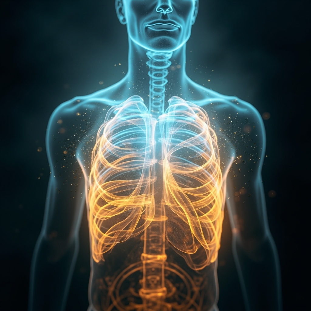 A serene, abstract artistic representation of light-filled, flowing pathways within the human chest, symbolizing oxygen circulation and emotional release, with soft blue and warm golden tones.