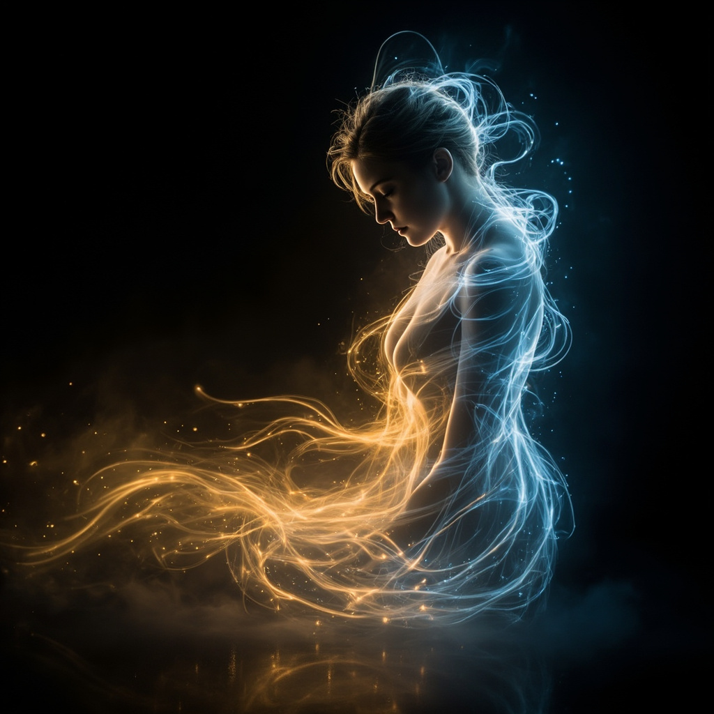 A serene, abstract representation of flowing light patterns connecting a human silhouette, symbolizing internal harmony and rhythmic wellness.