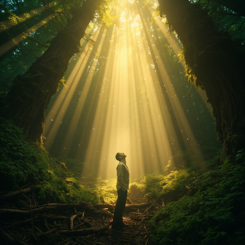 A serene, artistic representation of a person standing in a forest, with light filtering through the trees, symbolizing deep breathing and connection to life force.