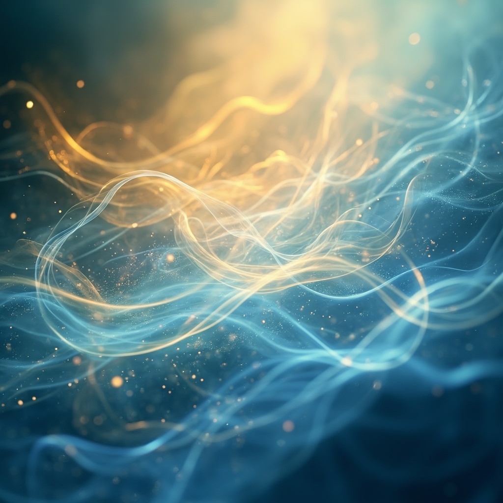 A serene, abstract representation of flowing energy lines in warm, calming golden and soft blue tones, symbolizing internal digestive harmony and balance.