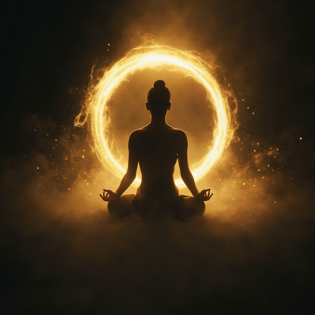 A serene, abstract artistic representation of a glowing, golden ring of light encircling the waist area of a human silhouette, symbolizing stability, energy flow, and balance.