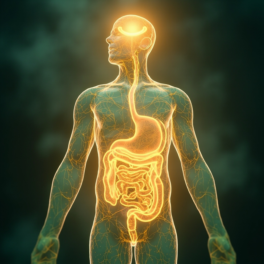 A serene, artistic representation of a glowing, balanced digestive system integrated with nature, symbolizing the flow of energy and vitality in soft, warm, natural tones.