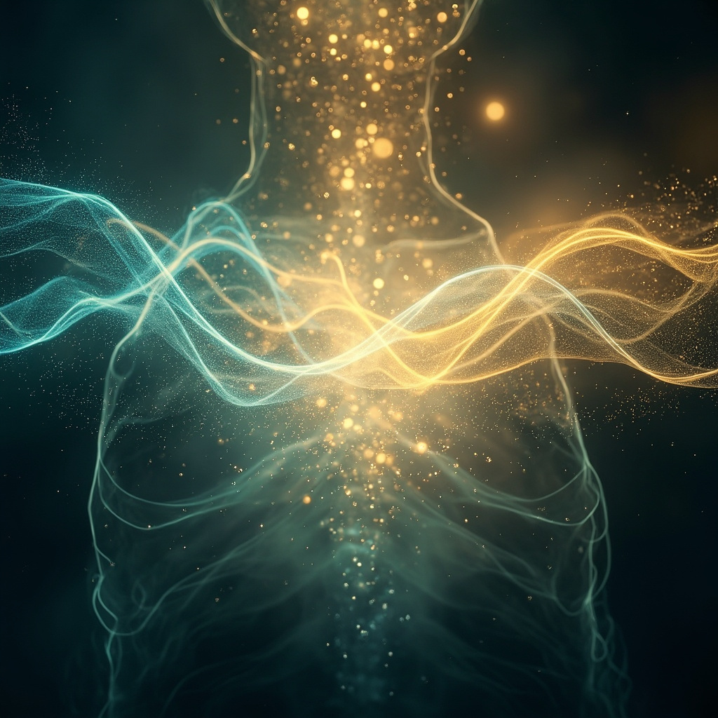 A serene, abstract representation of rhythmic waves and light particles converging in the human chest area, symbolizing respiratory harmony and energetic balance.