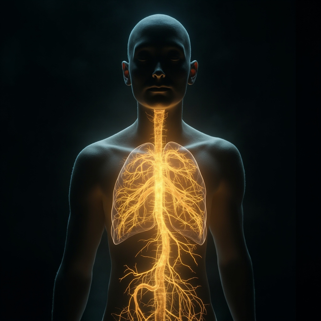 A serene, artistic representation of a human silhouette with glowing light pathways flowing through the chest and lung area, symbolizing breath and energy.