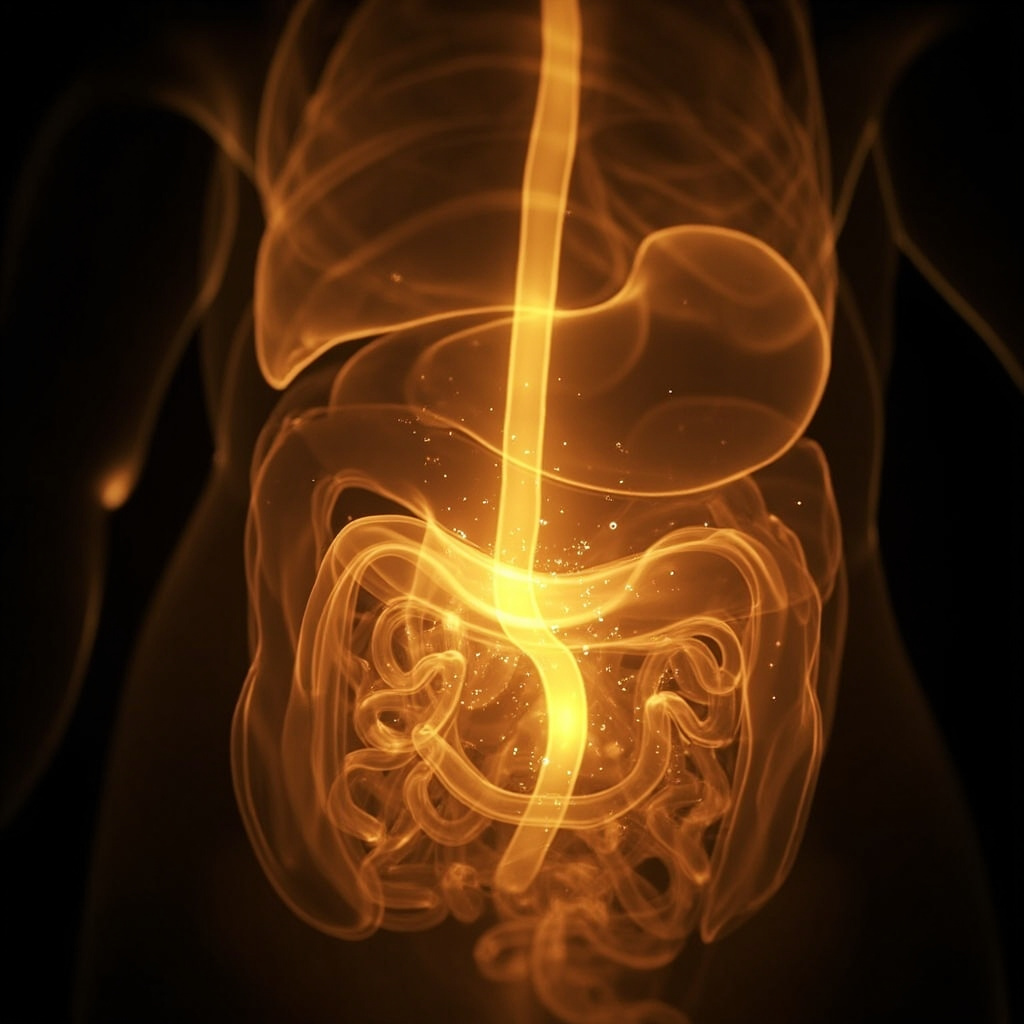 A serene, artistic representation of the upper abdomen with glowing, soft golden light flowing through a duct-like structure, symbolizing energy and digestion.