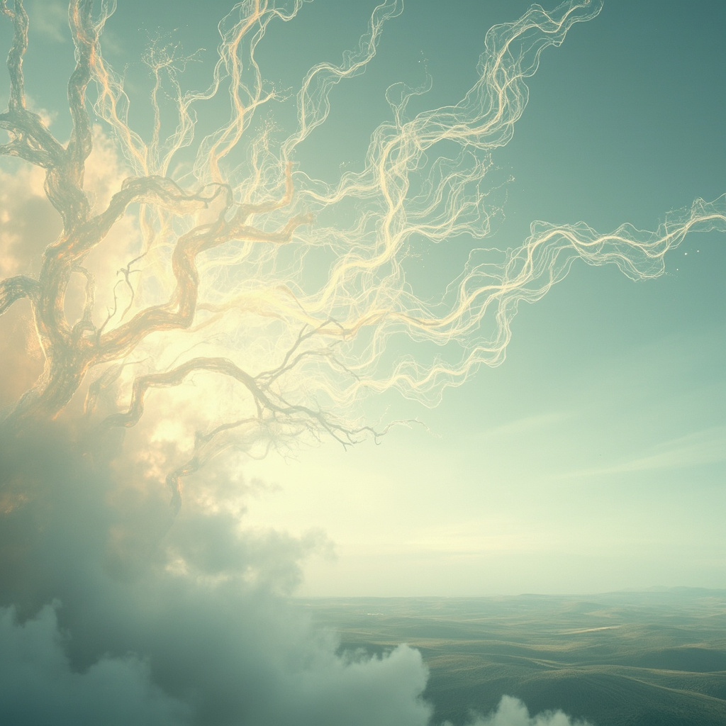 A serene, abstract representation of light-filled bronchial structures blending into a calm, open landscape, symbolizing the connection between breath, space, and emotional freedom.