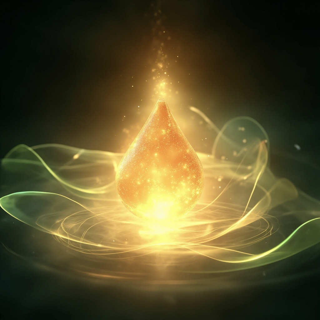 A serene, abstract representation of a glowing, pear-shaped energy center in the upper right abdomen, surrounded by soft, flowing light patterns symbolizing balance and harmony.