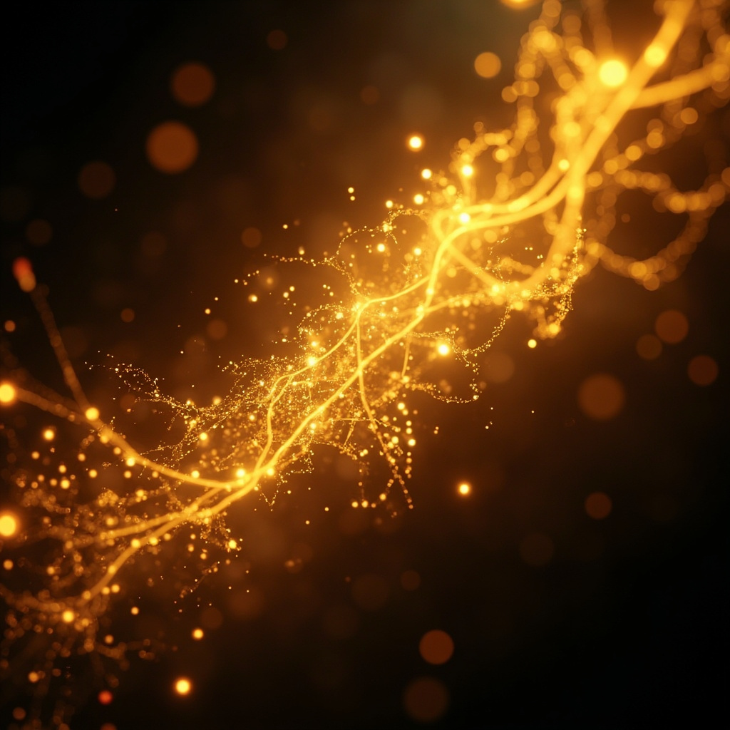 A serene, abstract representation of neural pathways glowing with soft, golden light, symbolizing the transition from chaotic energy to calm, structured balance.