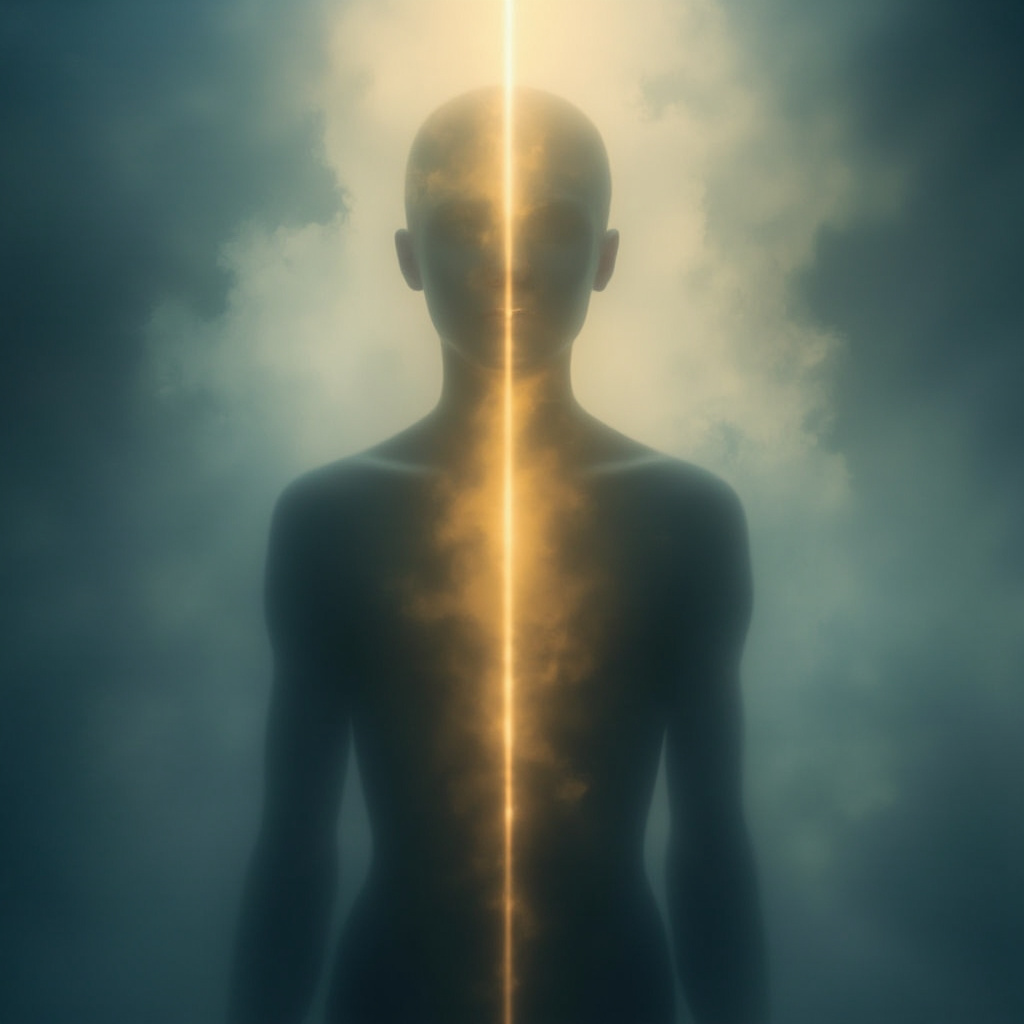 A serene, abstract representation of a glowing, soft golden line of light running vertically along the center of a human silhouette, symbolizing the Conception Vessel meridian, set against a calm, soft-focus background of deep blues and warm whites.