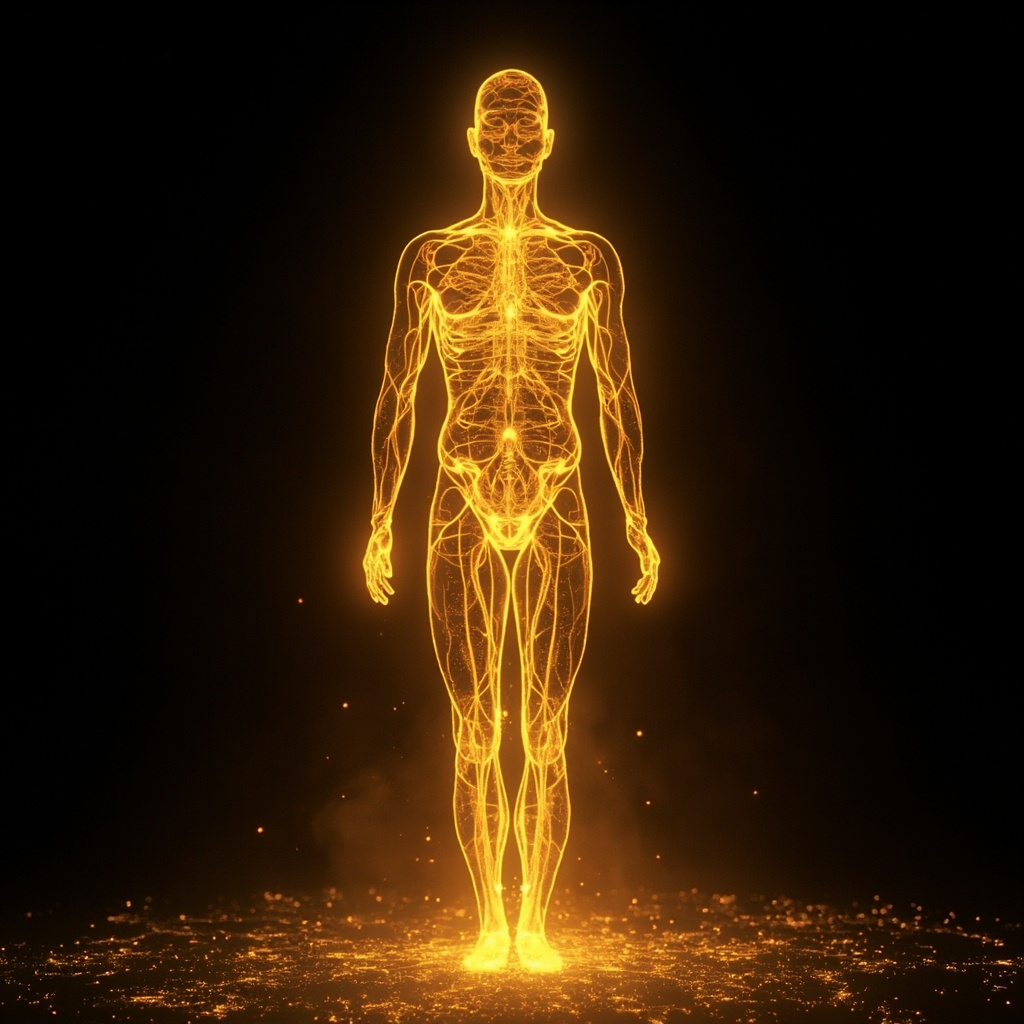 A serene, abstract representation of golden, harmonious light patterns flowing through a human silhouette, symbolizing the transformation of biological energy into inner strength and protection.