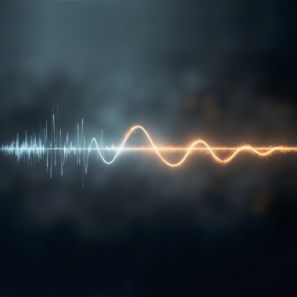 A serene, artistic representation of a heart rhythm wave transitioning from jagged, chaotic lines into smooth, flowing, harmonic patterns, set against a soft, calming background.