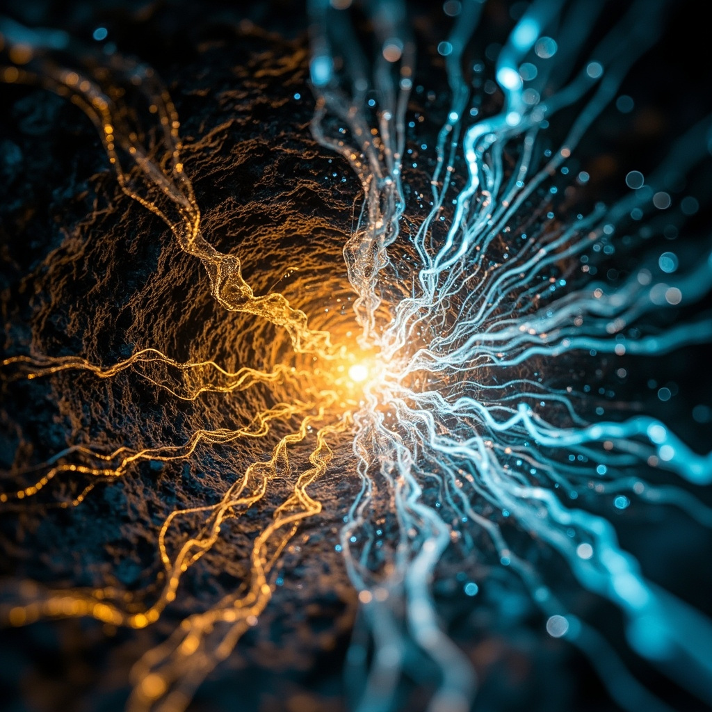 A close-up, artistic representation of a flowing, luminous internal network of light pathways, transitioning from a stagnant, dark area into a clear, vibrant, and glowing energetic flow.