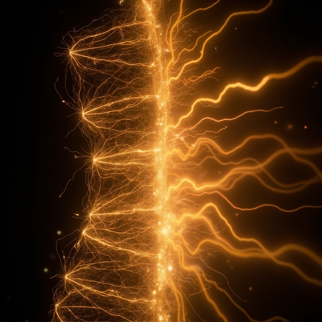 A serene, abstract digital representation of flowing energy meridians in the human abdomen, transitioning from a tense, jagged structure to a smooth, harmonious golden glow.