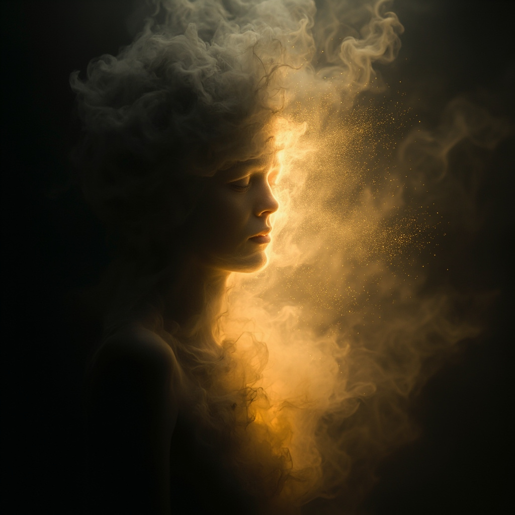 A serene, abstract representation of a human silhouette filled with soft, glowing light, transitioning from a heavy, muted gray at the base to a vibrant, golden energy at the center, symbolizing the transition from exhaustion to rejuvenation.