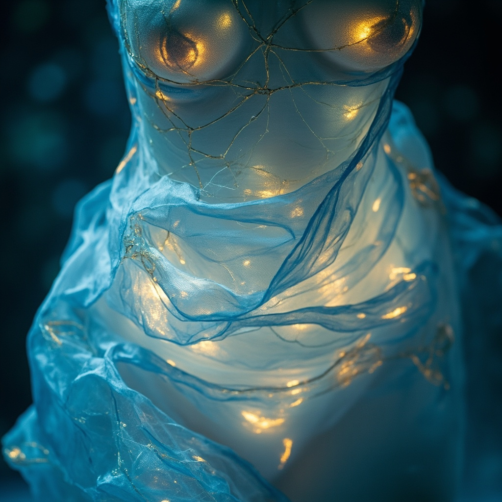 A soft, artistic representation of a glowing, translucent membrane surrounding the abdominal area, symbolizing protection, flow, and inner harmony in calming blue and gold tones.