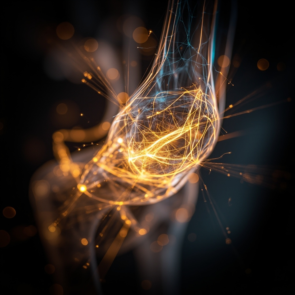 A serene, artistic close-up of a human joint represented by glowing, harmonious geometric light patterns, symbolizing structural balance and energy flow.