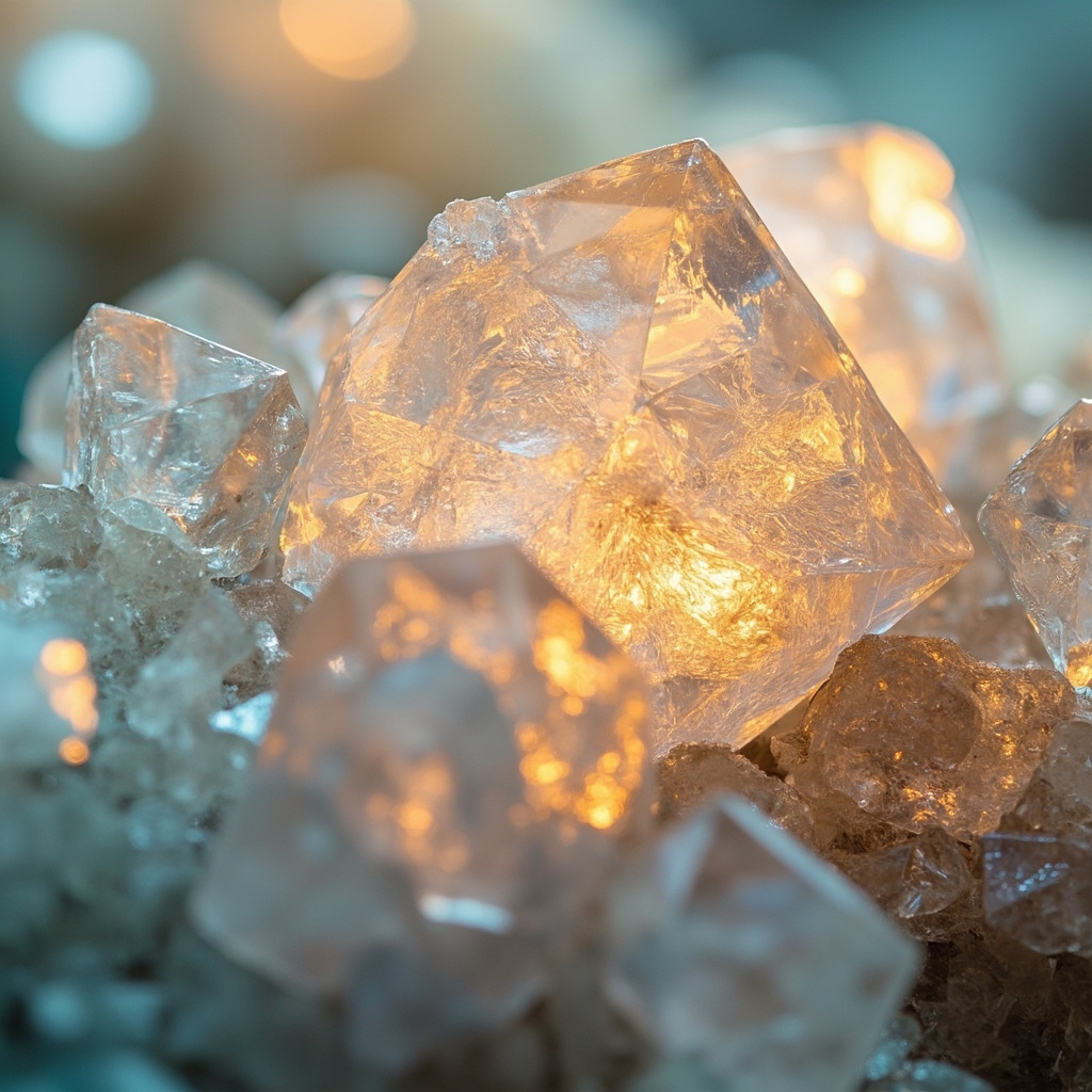 A high-quality artistic macro photograph of crystalline mineral structures glowing with soft, harmonious light, representing internal cellular balance and vitality.