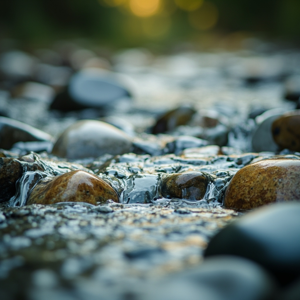 A soft-focus, serene image of a calm, flowing stream water meeting smooth river stones, representing digestive harmony and internal balance, natural lighting.