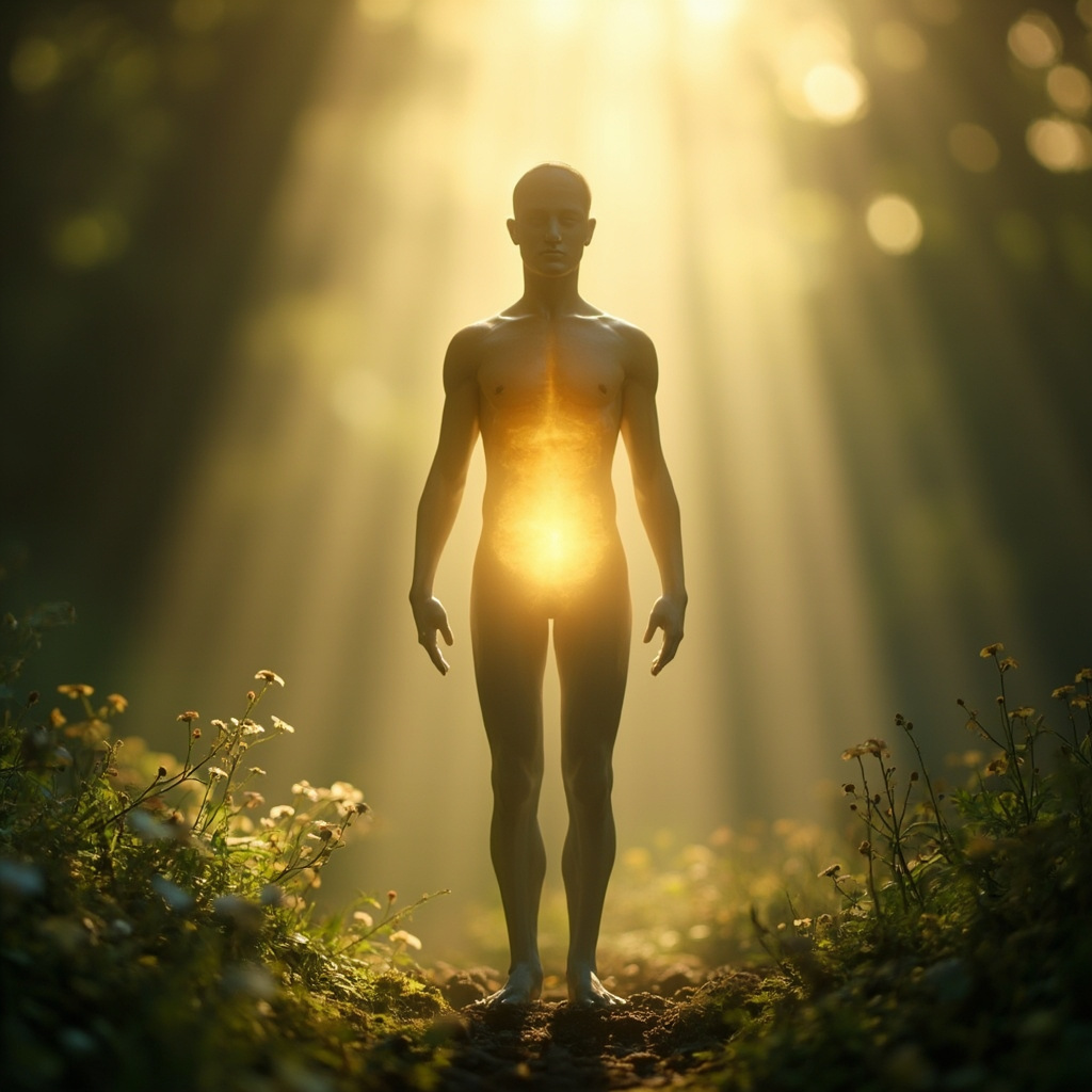 A calming, ethereal image of a soft, golden light glowing gently within the center of a human silhouette, representing the digestive area, surrounded by a peaceful, natural environment.