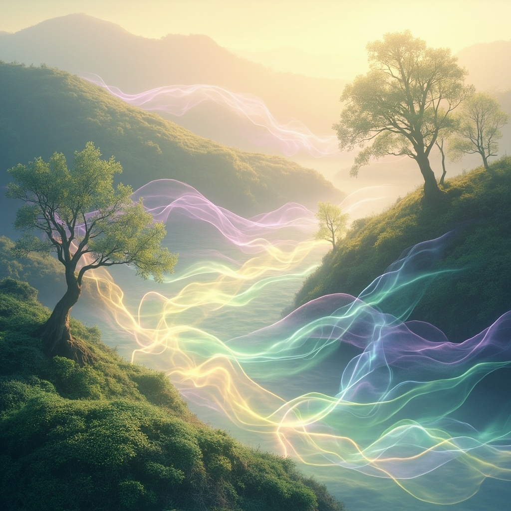 A soft, abstract image showing gentle, flowing light waves merging with a calm, natural landscape, representing the intersection of inner peace and biological harmony.