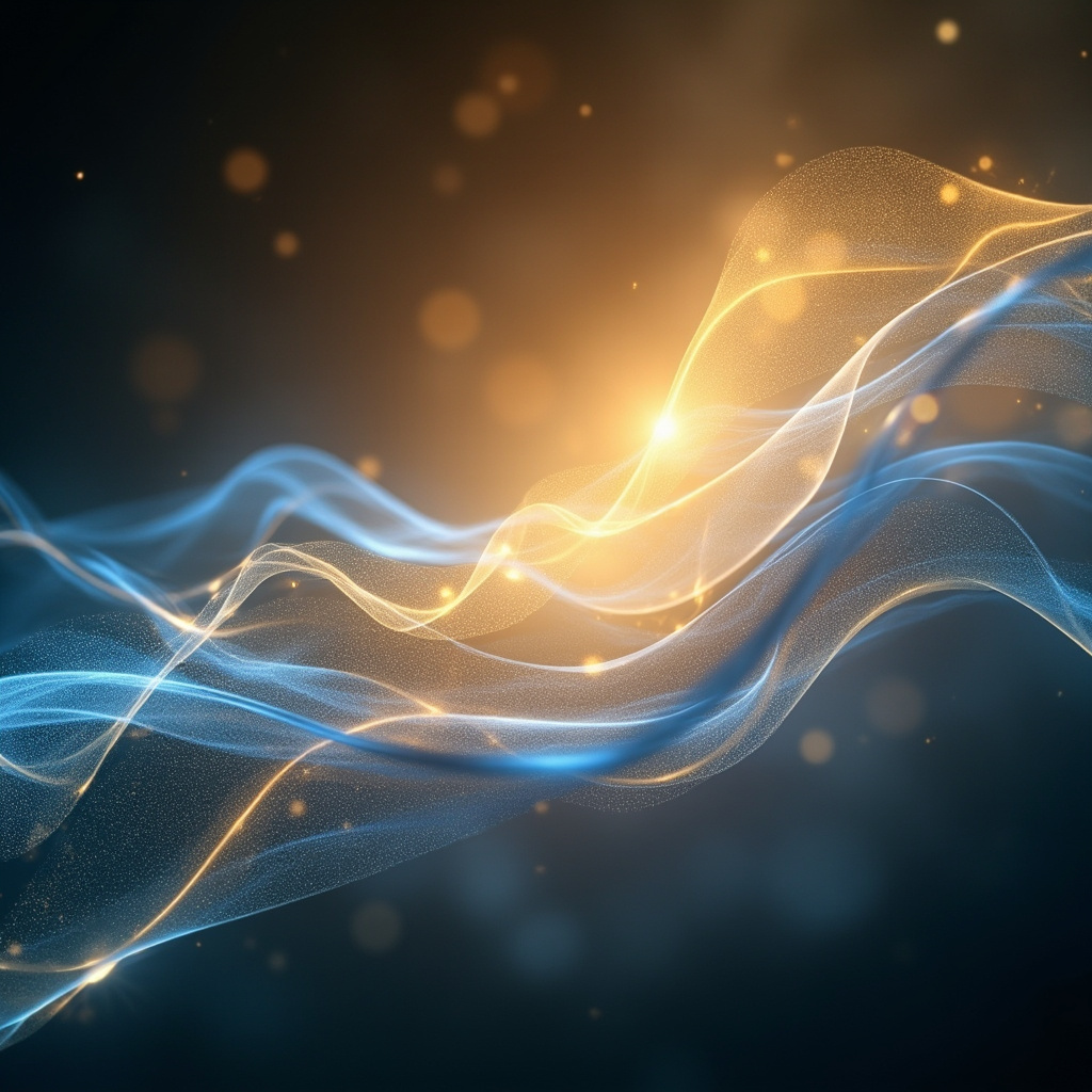 A serene, abstract visual representing the connection between the oral cavity and the digestive system through light, golden, and soft blue frequency waves, professional and calming.