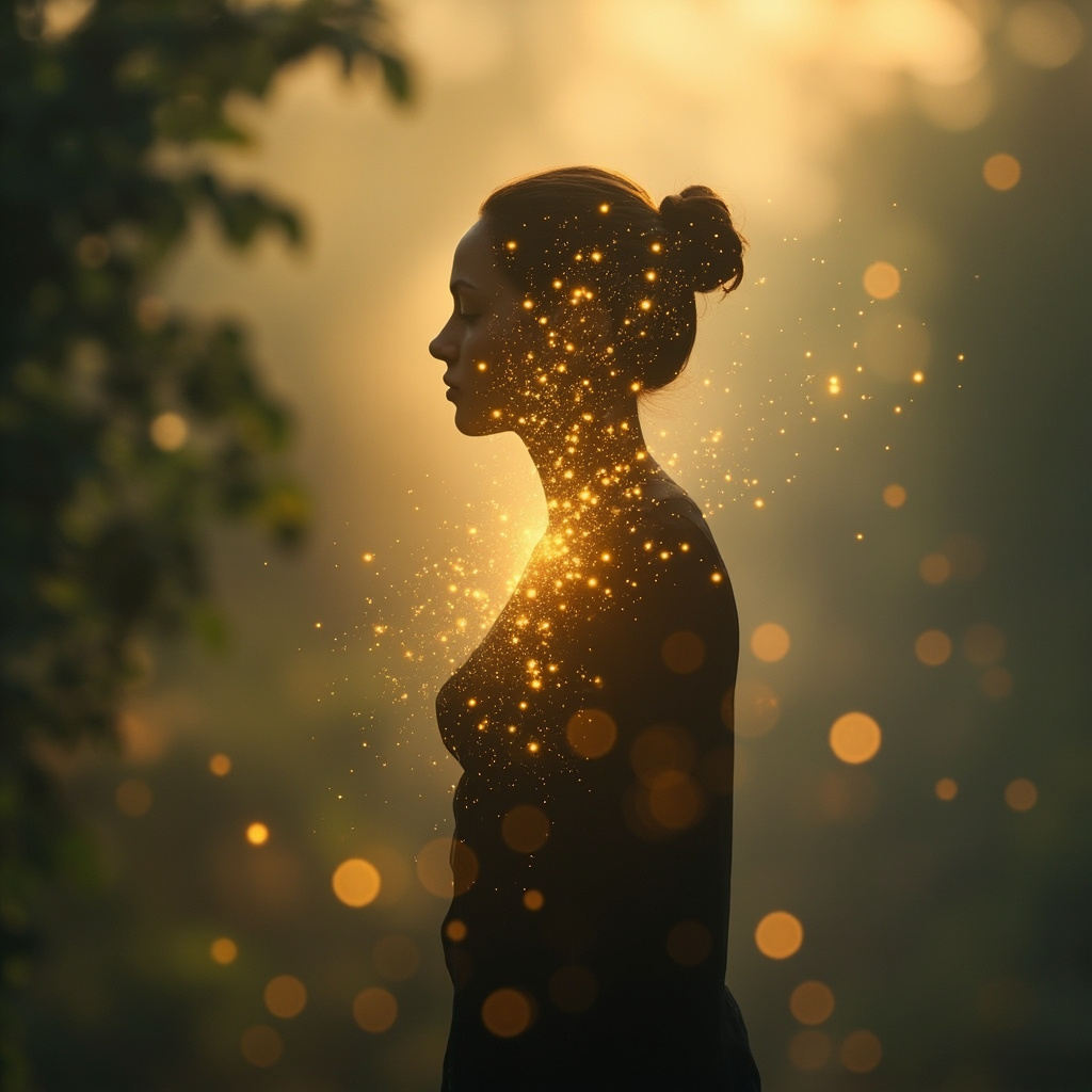 A high-quality, serene image of a human silhouette with glowing, golden light nodes representing cellular energy and harmony, set against a soft, natural background.