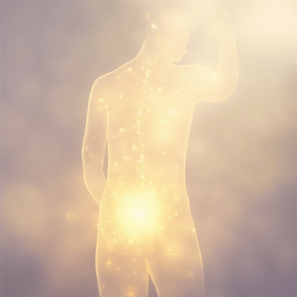 A serene, abstract image showing a gentle, golden light flowing through the center of a human silhouette, representing the connection between the gut and the heart, soft colors, minimalist style.