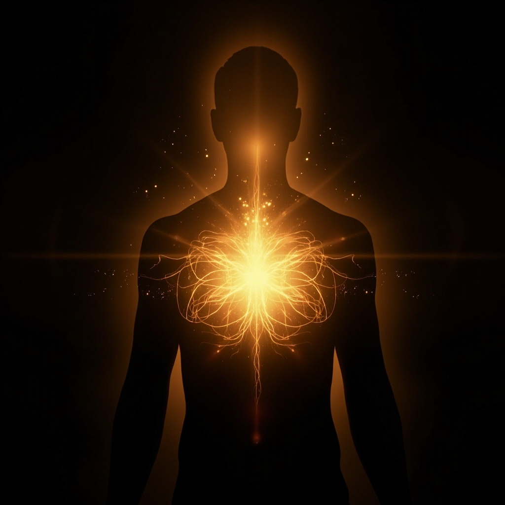 A high-quality, serene image of a human silhouette with a glowing, harmonious golden light emanating from the center of the chest, representing heart-brain coherence and electrical balance.